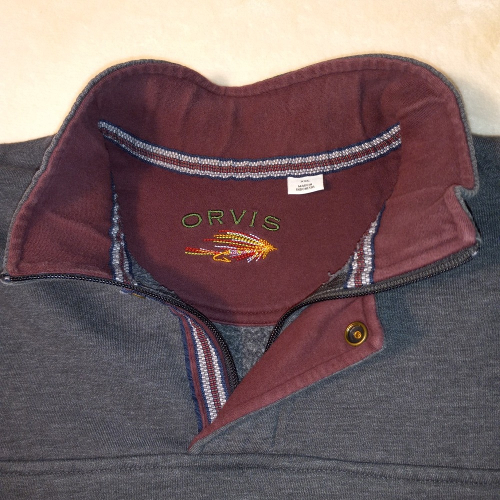ORVIS 1/4 Zip Pullover Mens XXL Grey with Burgundy inside